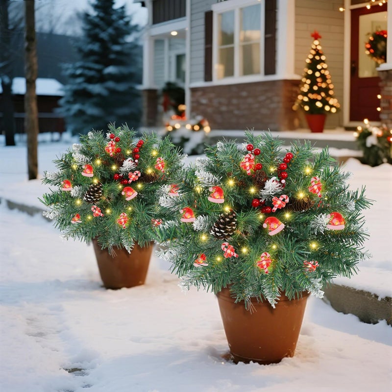 Dr.DuDu 15 Inch Outdoor Christmas Decorations Urn Filler for Front Porch- 2 Pack Lighted Christmas Pot Fillers with Stake, Xmas Pine Trees with Timer for Outside Home Décor - Image 2